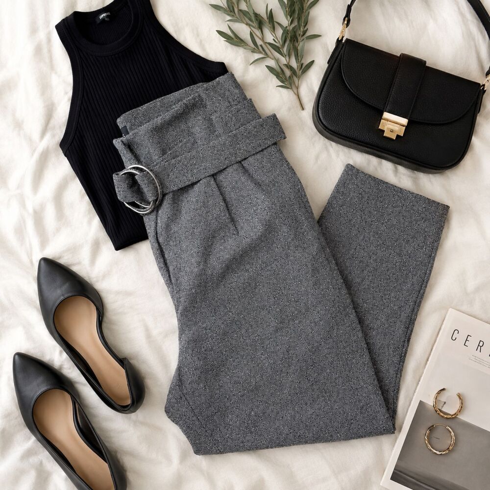 Express Gray Paperbag Waist Ankle Pants | High Rise Belted | Size 8